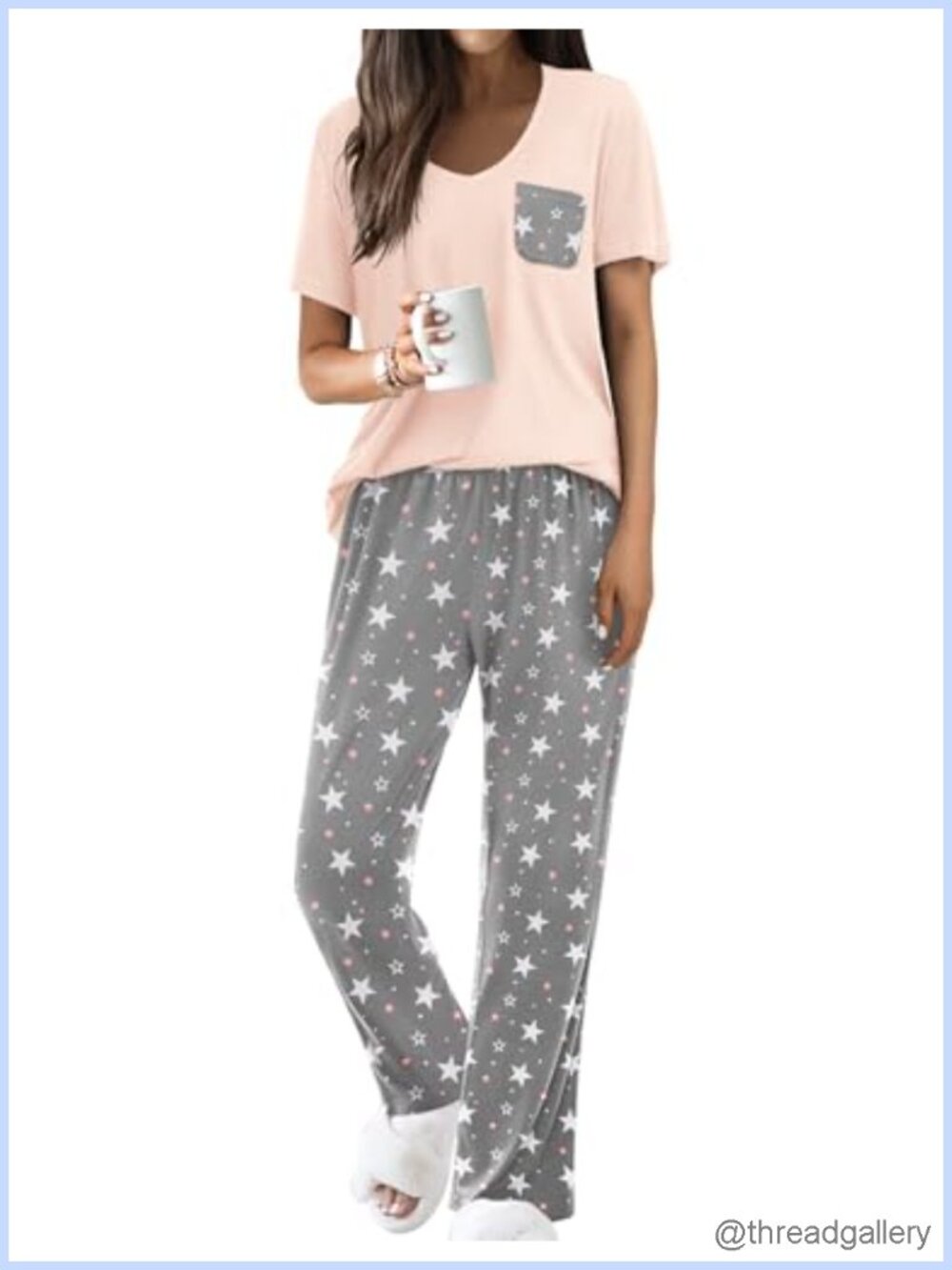 Women's 2 Piece Pajama Set Short Sleeve V Neck Chest Pocket Sleepwear